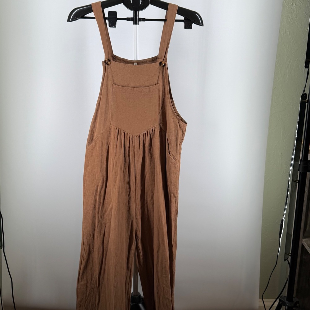 Unbranded Women Brown Textured Wide Leg Overall Jumpsuit Bib Pocket Size M
